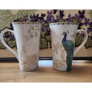 222 Fifth Peacock Garden Latte Mugs Set of 2 Large Size 6" Tall Teal Blue